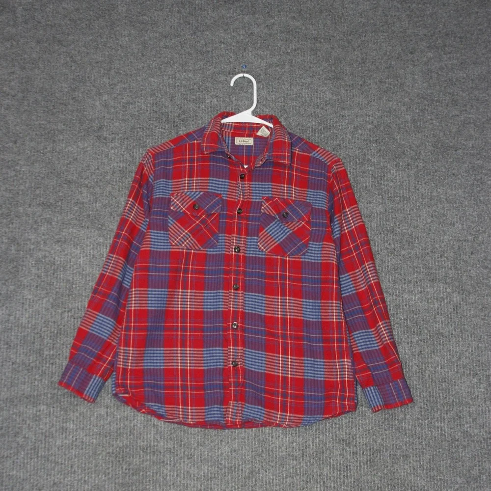 LL Bean Flannel Shirt Boy L Red Blue Plaid Long Sleeve Button Up Cotton Outdoors